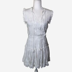 DEAR JOHN White Embroidered‎ Ruffle V Neck Tie Neck Smocked Waist Tiered Dress S
